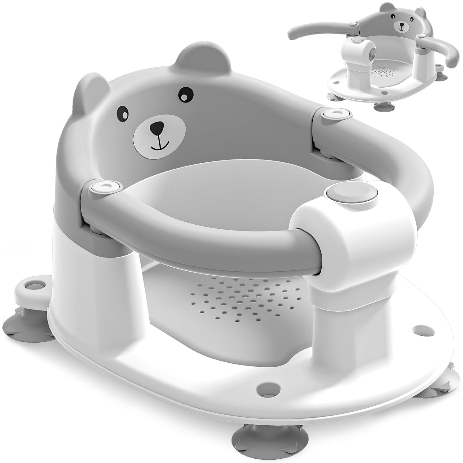 Badewannensitz Baby ab 6 Monate, Bär Rutschfester Badesitz Baby mit 4 Saugnäpfen und Kissen für Kleinkinder und Neugeborene, Sicherer Tragbarer Badstuhl für Dusche oder Badewanne, Grau