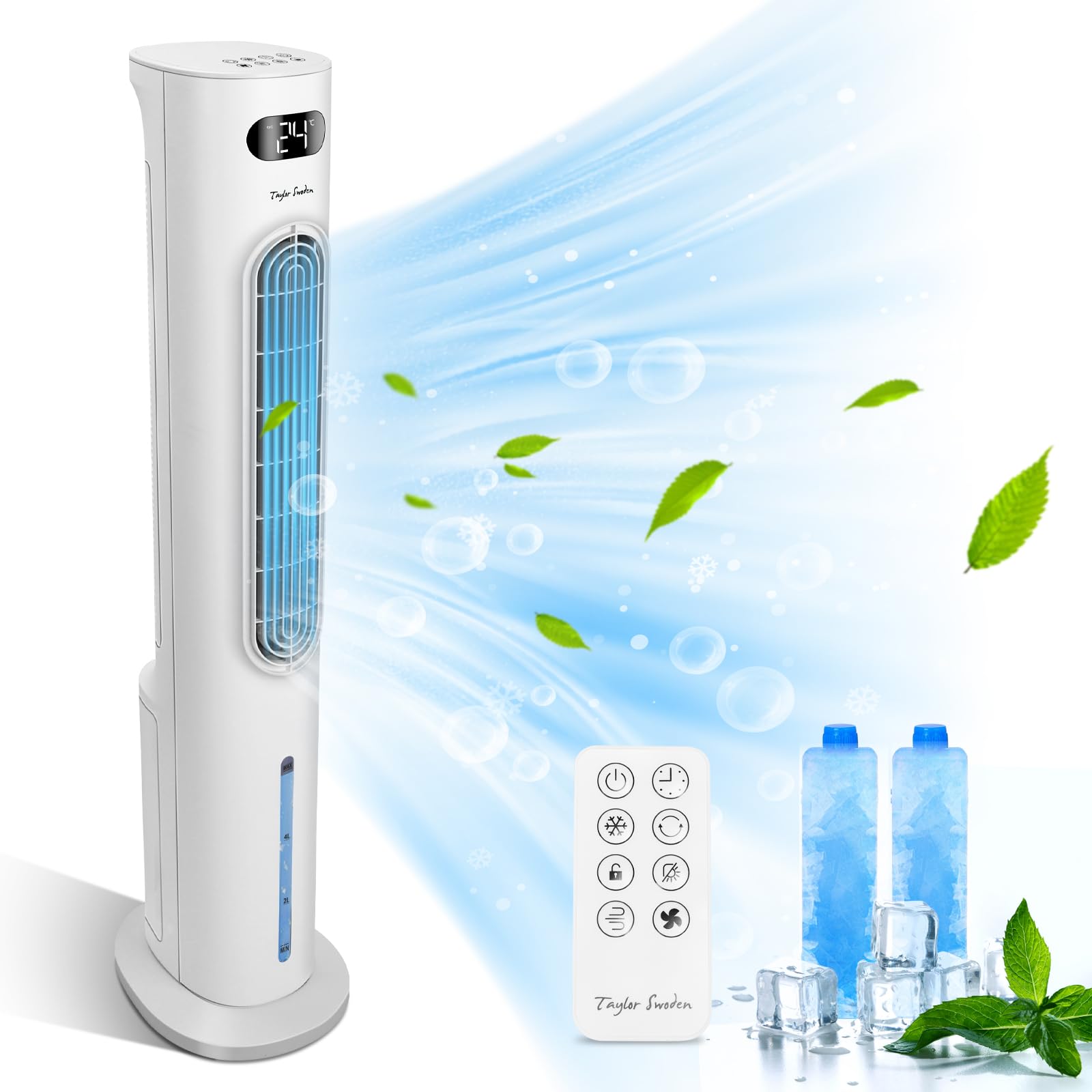 Taylor Swoden 3 in 1 grande raffrescatore d'aria portatile, Raffrescatore evaporativo silenzioso con serbatoio da 6 l, timer da 12 ore, 3 modalità, 3 velocità, telecomando, oscillazione, 95 W, Bianco
