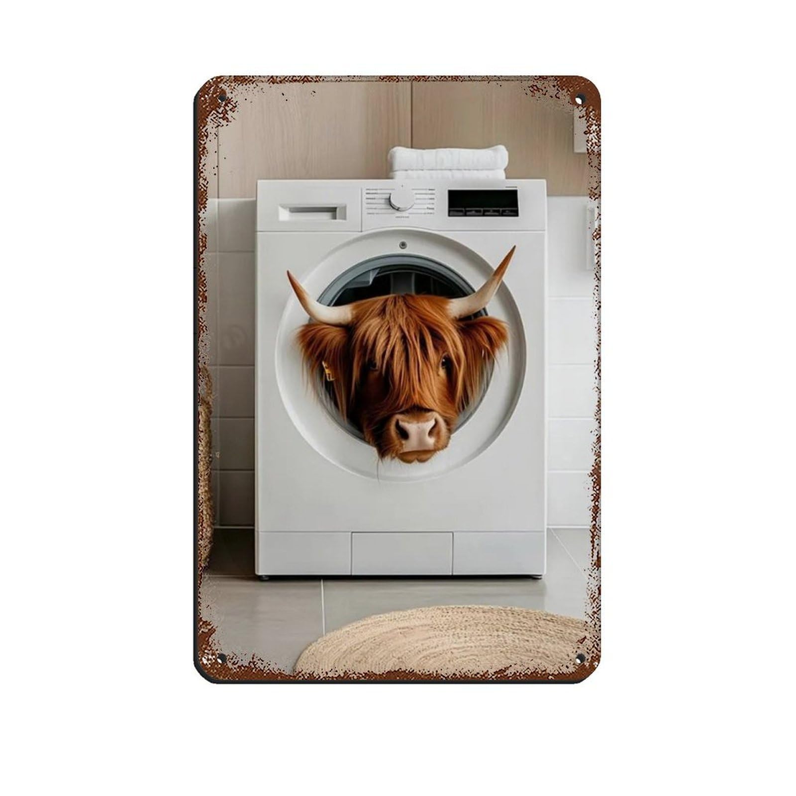 Lxwnze 20L X 30W Cm Highland Cow In A Washing Machine Tin Sign Vintage Metal Pub Club Cafe Bar Home Wall Art Decoration Poster Retro 8X12inch(20X30cm)