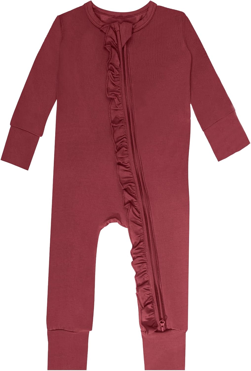 GUISBY Rayon Baby Long Sleeve Footless Rompers, 2 Way Zipper with Ruffle Sleepers 0-24 Months