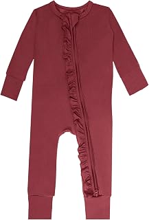 Rayon of Bamboo Baby Long Sleeve Footless Rompers, 2 Way Zipper with Ruffle Sleepers 0-24 Months