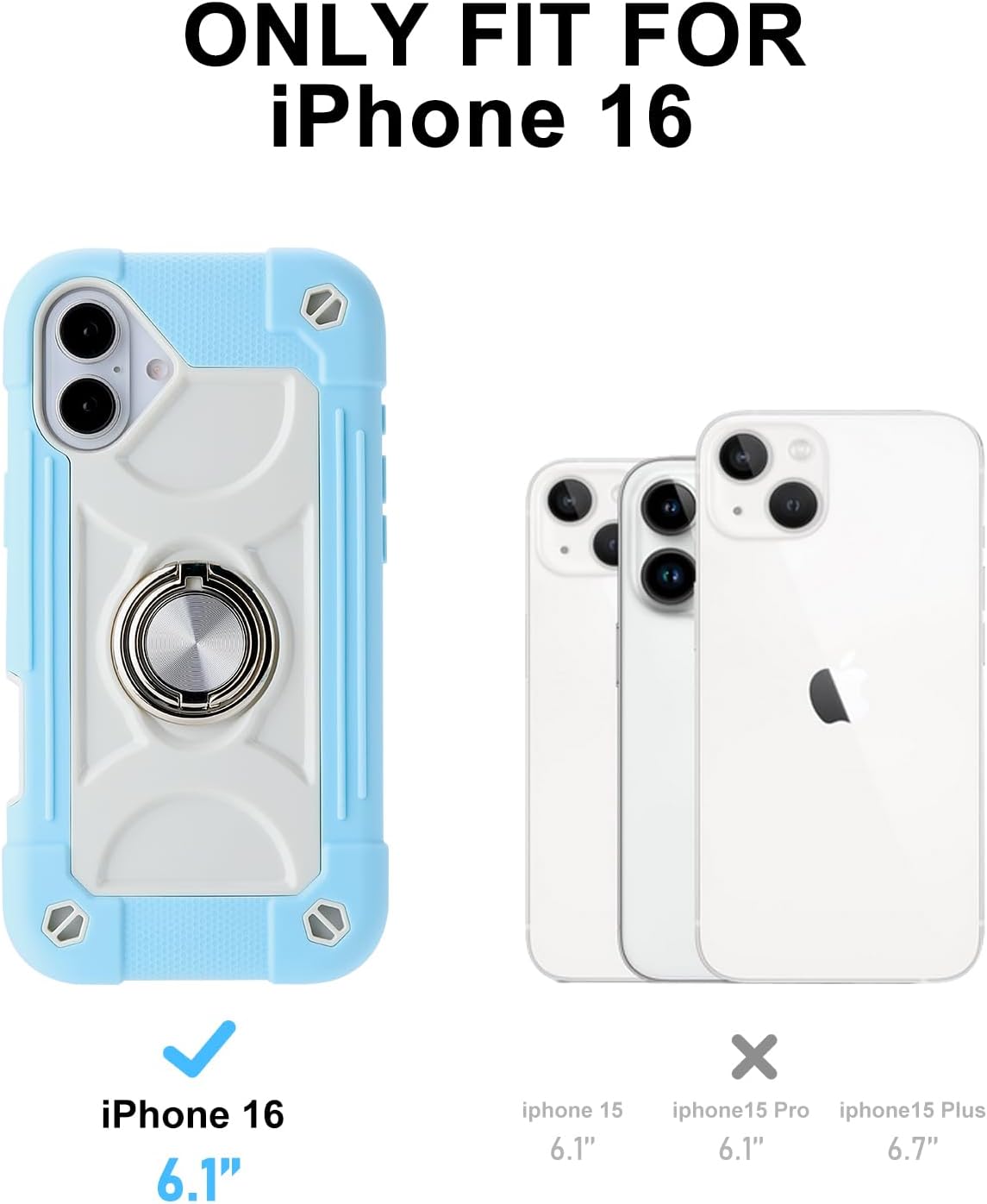 for iPhone 16 6.1 inch Case - Heavy Duty Shock Resistant Military Grade Rugged Case with Ring Stand, Glass Screen Protector and Camera Lens Protector (Ice Blue)