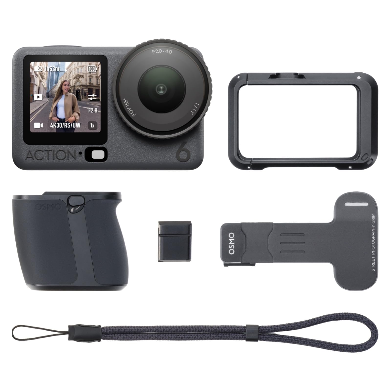 DJI Osmo Action 6 Straßenfotografie-Combo, Unterwasser-Action-Cam mit Handgriff und Zubehörschuh-Auslöseknopf, Action-Cam 4K mit 1/1,1″-Quadratsensor, Variable Blende von f/2,0-f/4,0, 4 Std. Akku
