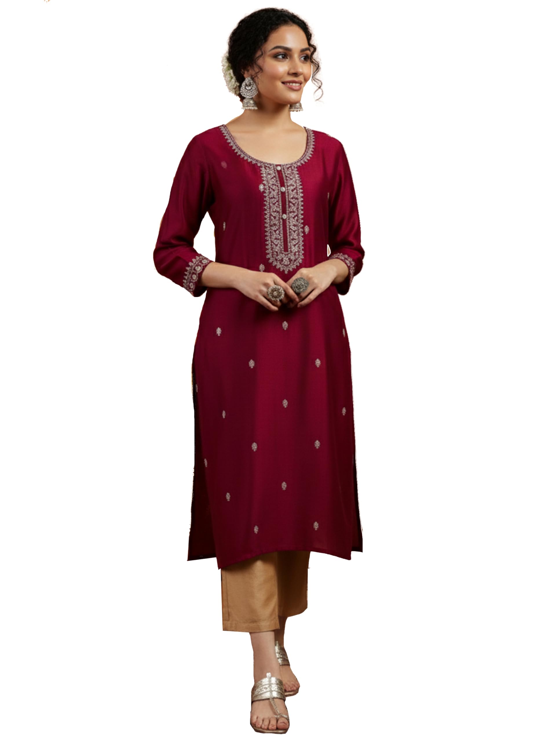 rensa Women’s Embroidered Maroon Silk Blend Straight Kurta, Traditional Gold Thread Work with Ethnic Butti Motifs, Calf Length, 3/4 Sleeve for Daily and Festive Occasions-picture-22