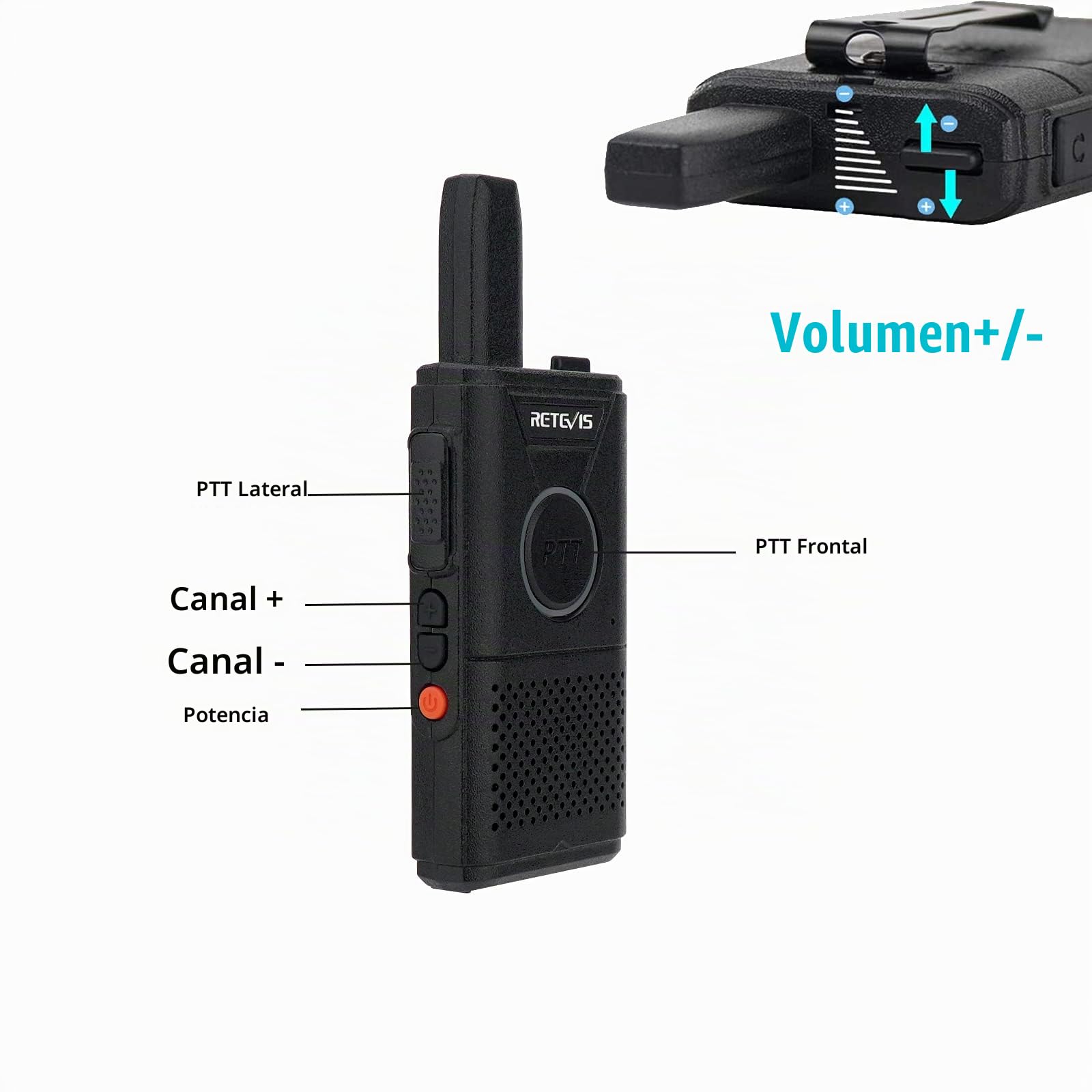 Retevis RT618 Mini Walkie Talkie, PMR 446 sin Licencia 16 Canales Radio | VOX Scan CTCSS/DCS Transmisores-Receptores,Walkie Talkie con Cable USB Universal