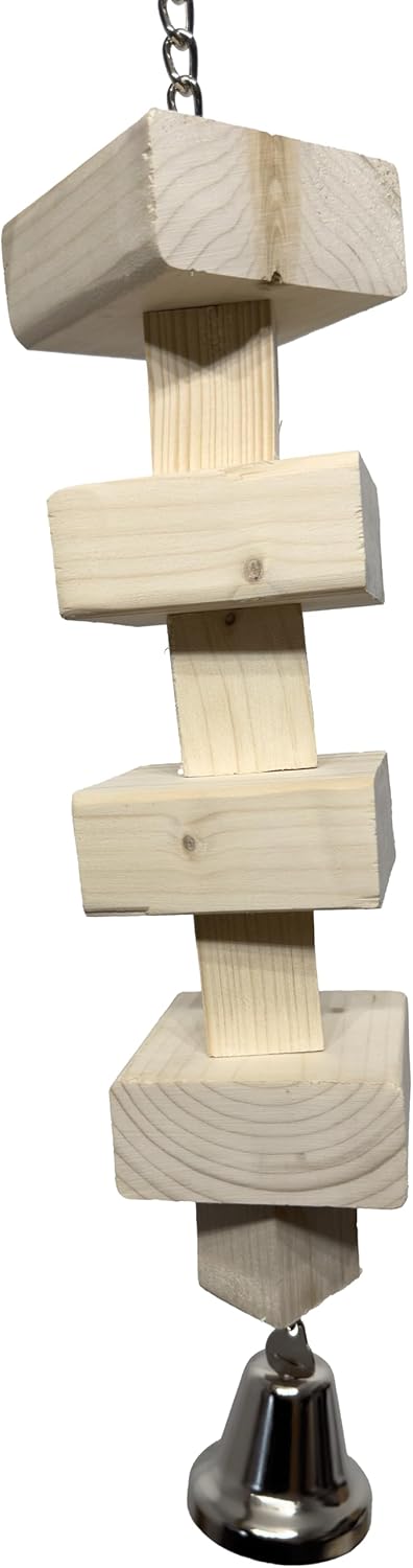 1809 Large Natural Block - Handcrafted Bird Toy For Parrot Macaw African Grey - Unfinished Kiln Dried Wood Pieces With Big Bell - Destructible Chewing Cage Accessories - Big Chewy Blocks - Climbable