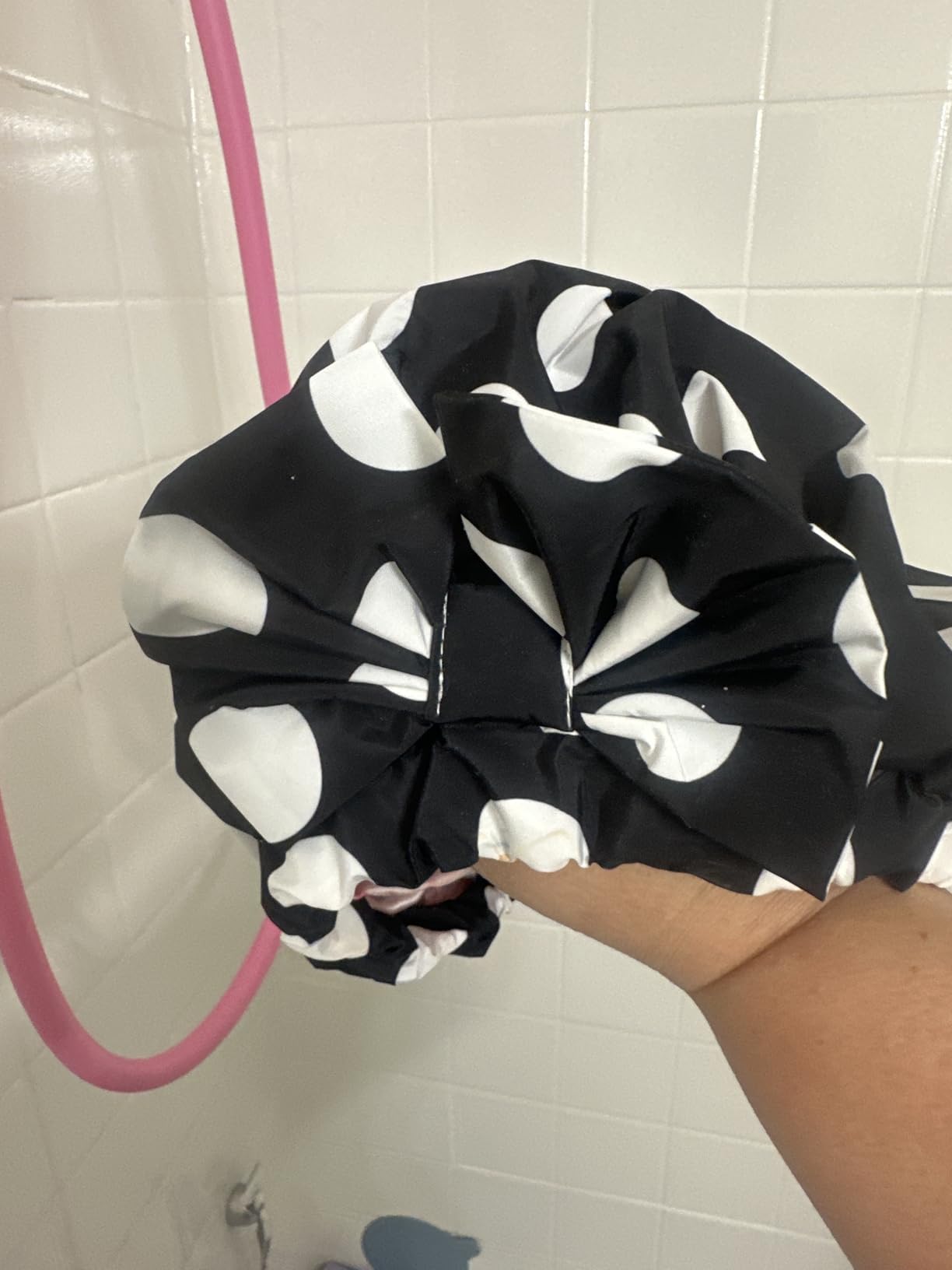 LitBear Luxury Silk Lined Shower Caps for Women Reusable Waterproof, Double Layered Large Bathing Hair Cap with Adjustable Elastic Strap, Non-slip, Quick-dry, for Long Short Hair, Black Dots