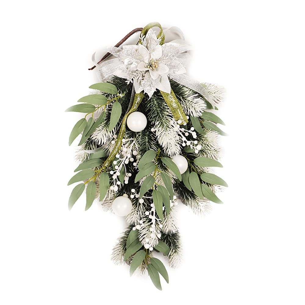 CTRLZS Artificial Christmas Teardrop Swag with Berry, Flower and Ball Ornaments for Front Door Indoor & Outdoor Home Xmas Decor