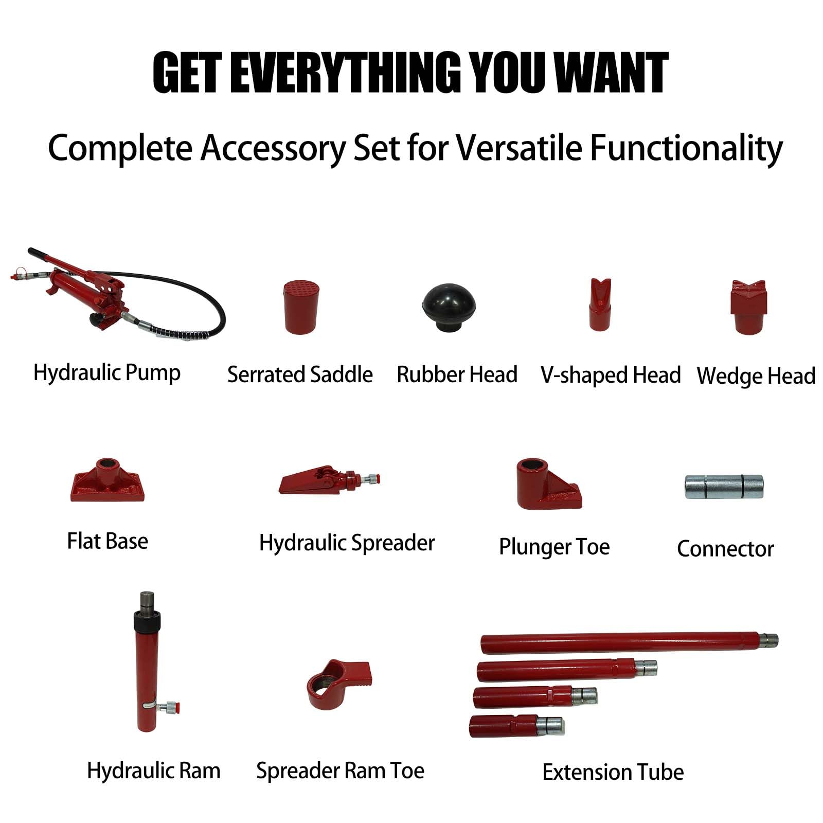 GarveeTech 10 Ton Porta Power Kit - 15-pcs Hydraulic Ram, Auto Body Frame Repair, 22,000 lbs Capacity, Carrying Case, Red