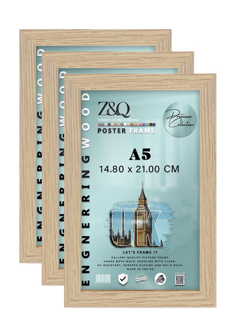 Z&Q Pack of 3 Flat Versatile MDF Wood Finish A5 (14.80 x 21.00 CM) Poster Frame | for Art Gallery 8 x 5.5 Inch Wall Décor & Room Display [ Oak ]