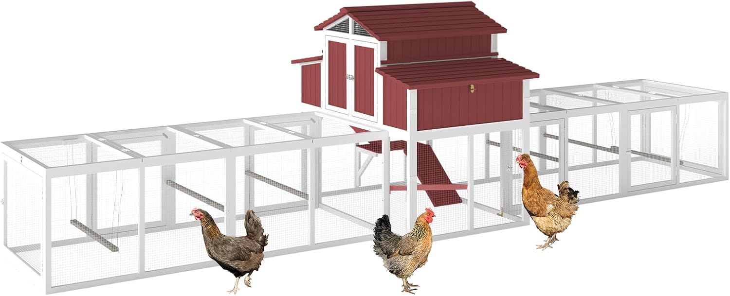 Gowoodhut 230.72" L 2-Story Chicken Coop with Extra Run Cage,Chicken House Hen House with 4 Large Nesting Boxes,Expandable Poultry Cage for 8-12 Chicken with 12 Perching Bars,Pull-Out Tray,Ramps(RED)