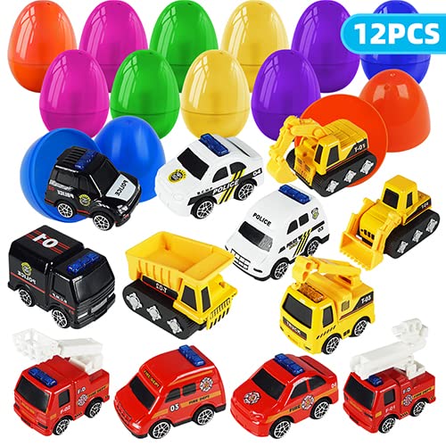 YHOAFIUX 12 Pcs Prefilled Easter Eggs with Alloy Cars, Easter Basket Stuffers, Easter Toys Gifts for Boys Girls Toddlers, Easter Egg Hunt Party Favors (3.2”/8cm)
