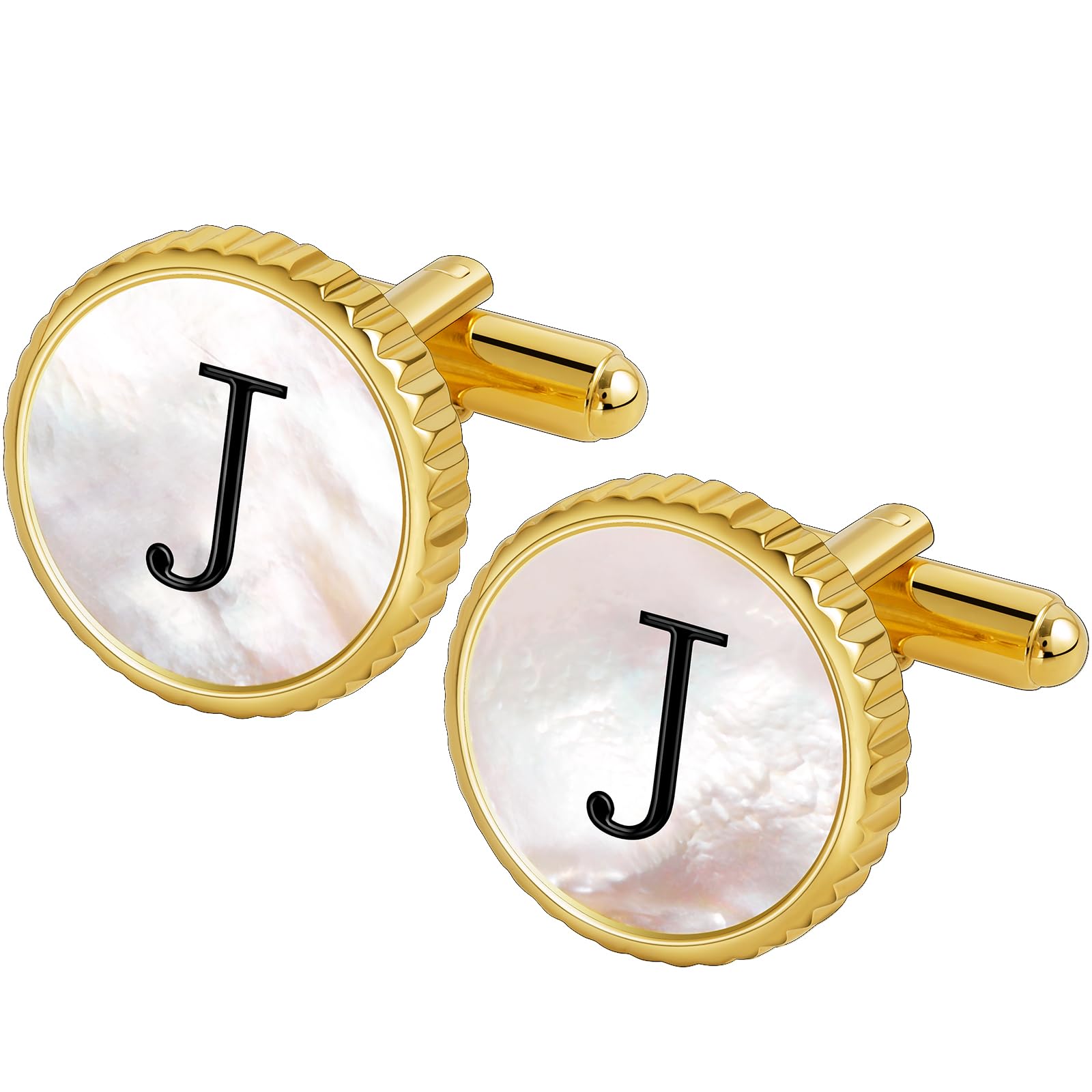 TAIGRAMA Gold Silver Cuff Links Mens, Mother Of Pearl Cufflinks for Men Initial Personalized Cufflinks 26 Alphabet Gold Silver Cuff Links for Anniversary Business Wedding