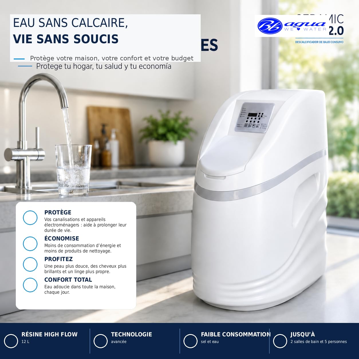Bbagua, Adoucisseur d'eau domestique Ceramic Pilot 2.0. Idéal pour les maisons avec jusqu'à 2 salles de bains et 5 personnes. Adoucit l'eau de toute la maison. Bbagua.