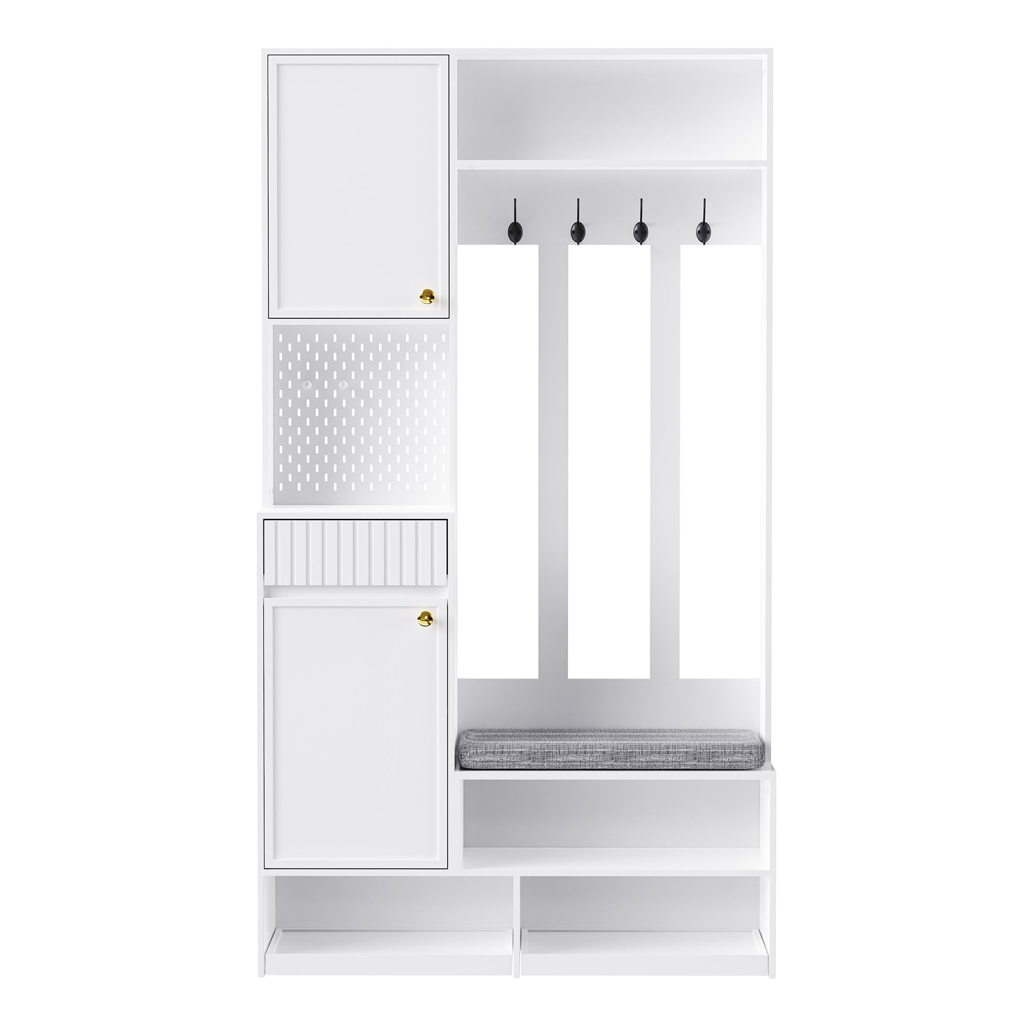 SogesHome Garderobenset mit Sitzbank, 4 Haken, Schubladen, Türen & Lochwand Flurgarderobe Weiß für Eingangsbereich 100 x 180 x 35 cm