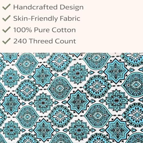 Image of ElanorHomes Cotton Double King Size Bedsheet | Hand Printed | Ultra-Soft & Skin-Safe | Breathable Summer Comfort | 90x108 inches with 2 Pillow Covers (Firozi Chhaon)