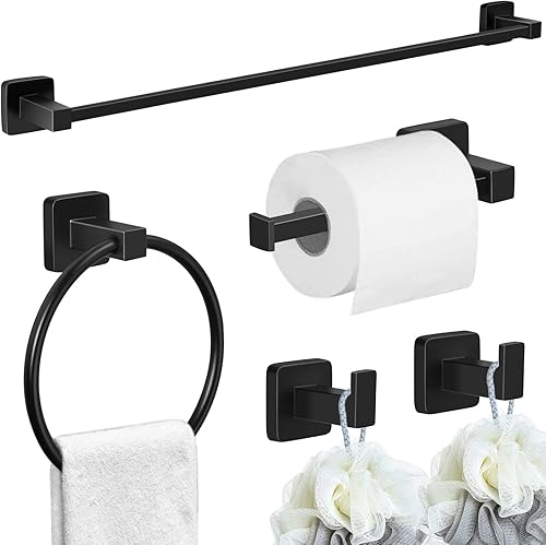 Miniatura 2 de JiGiU Juego de accesorios de baño negro, 5 piezas montadas en la pared de 24 pulgadas, juego de accesorios de baño de acero inoxidable SUS304,