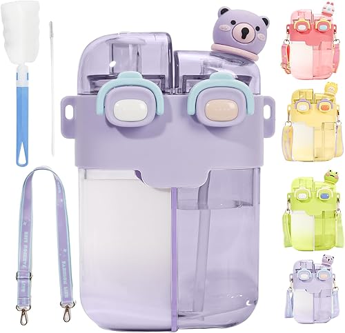 Miniatura 1 de Botella de agua Kawaii de 26 onzas con pajilla, diseño de doble bebida, a prueba de fugas, bloqueo múltiple, patrón de dibujos animados 3D, bota de