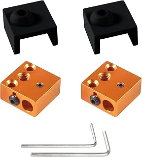 Aokin Aluminum Heater Block with Silicone Sock for Creality Ender 3, Ender 3 Pro, Ender 3 V2, Ender 5, Ender 5 Pro, CR-10, CR-10S 3D Printer, 2 Pcs Gold Heater Block and Black Silicone Sock