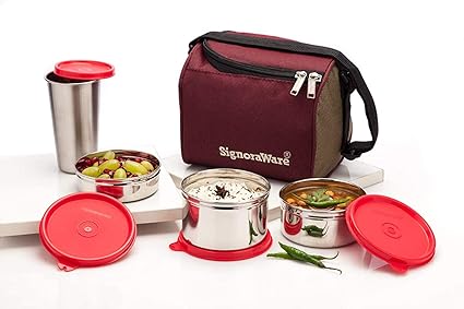 Signoraware Best Stainless Steel Innovative Lunch Box with Bag, Set of 4, Red