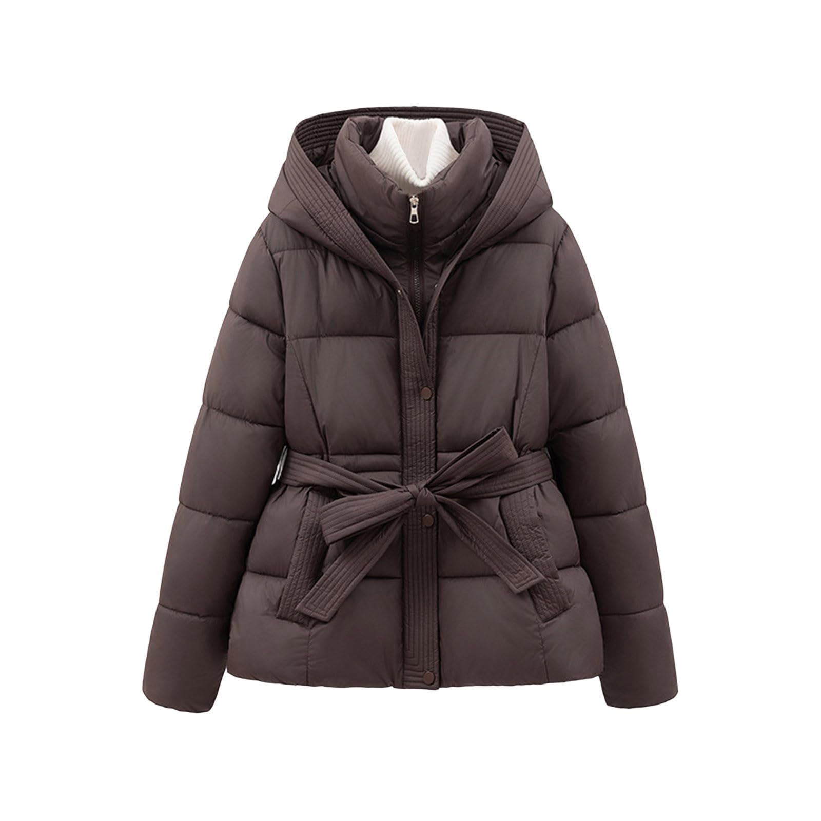 Winterjacken für Damen, kurze Steppjacke mit Gürtel, lässig, langärmelig, gepolsterter Daunenmantel, warme Oberbekleidung