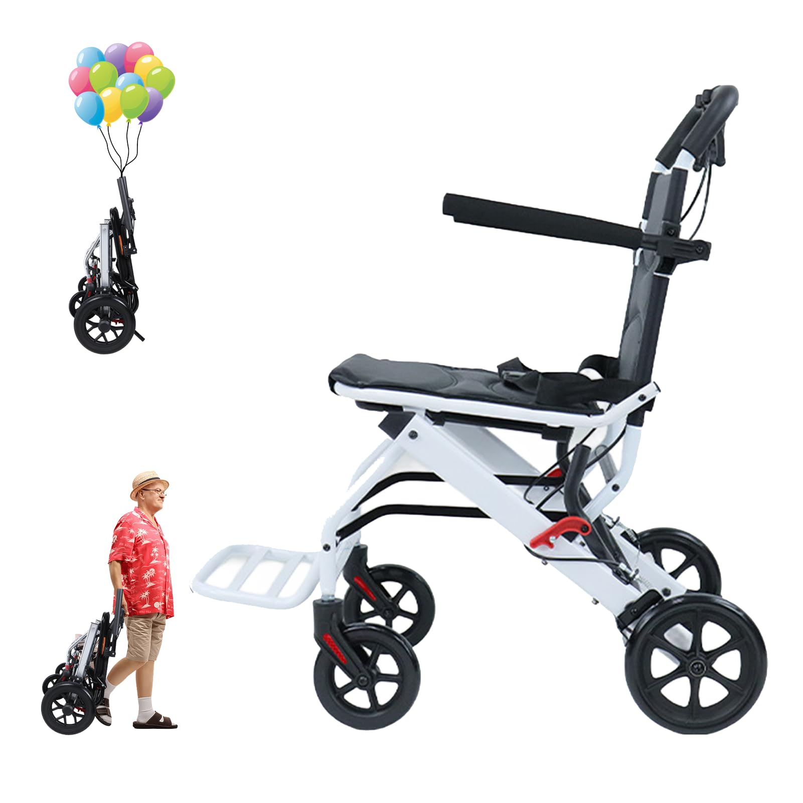 Sedia a rotelle pieghevole leggera, sedia a rotelle pieghevole da viaggio in acciaio al carbonio con cintura di sicurezza e manico telescopico, ruote posteriori 30 cm, per adulti, per aereo e