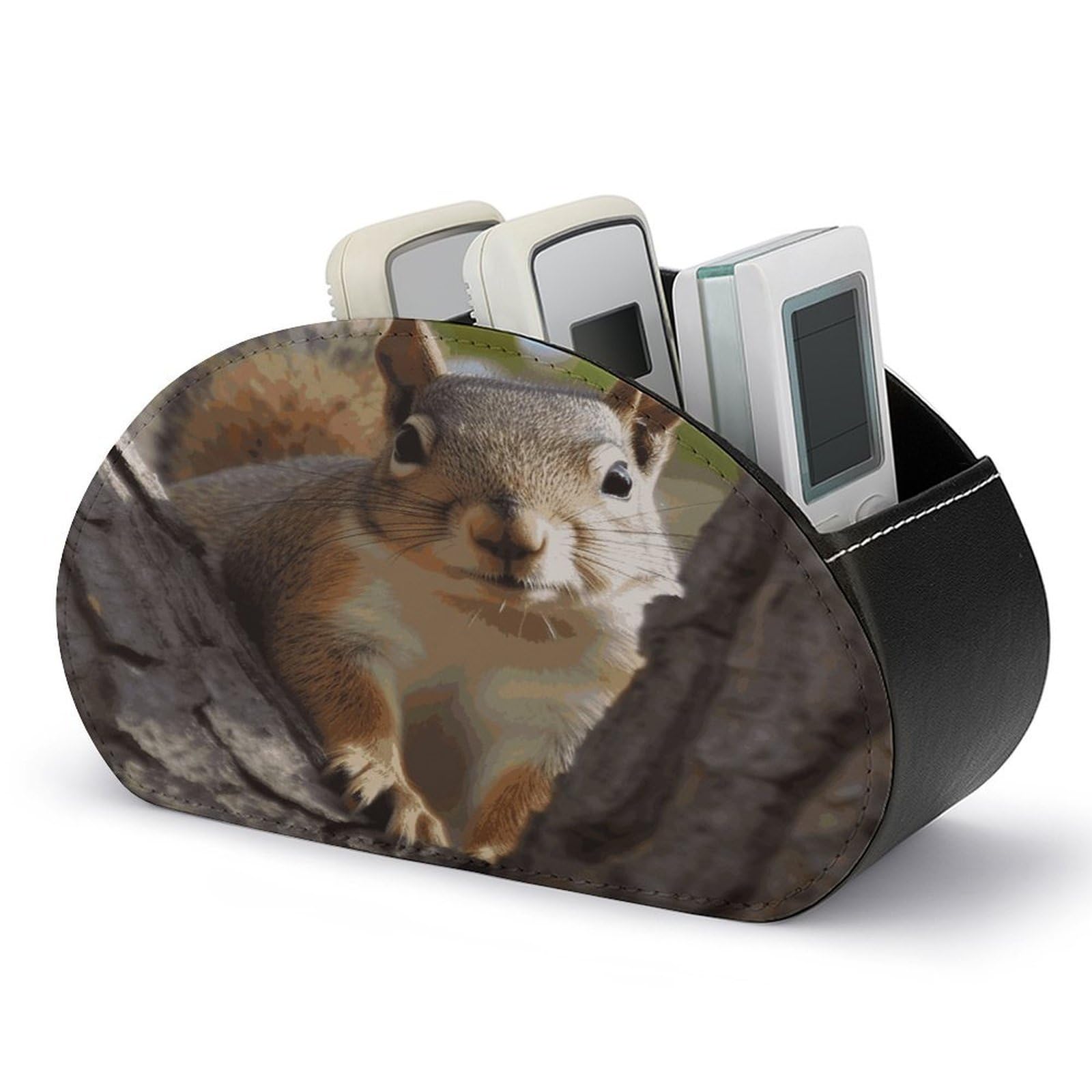FekiLoot Squirrel in The Tree TV Remote Control Holder with 5 Compartments Multi-functional Leather Bedside Table Remote Caddy Desktop Storage Box for Store Pen Controller Media Player Cosmetic