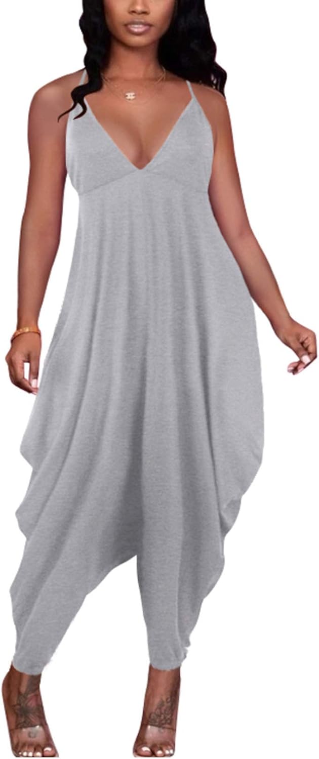Uni Clau Harem Jumpsuit for Women Casual Harem Romepr for Women One Piece Deep V Neck Outfit Women Loose Long Palysuit Grey