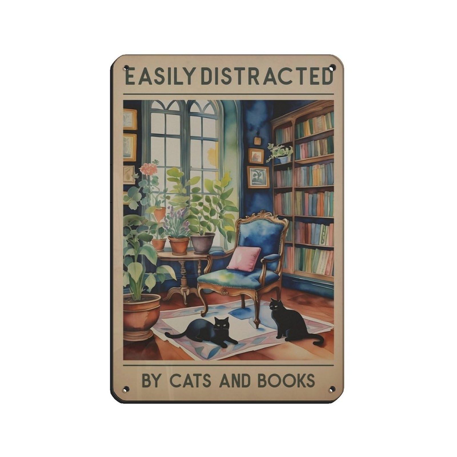 Cat And Books Poster, Vintage Cat, Vintage Book Tin Sign Vintage Metal Pub Club Cafe Bar Home Wall Art Decoration Poster Retro 8x12inch(20x30cm)