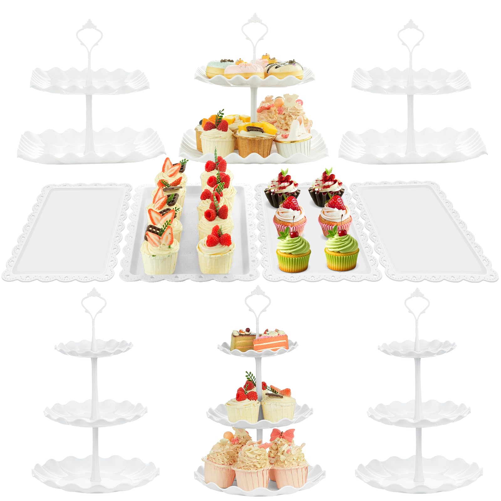 ALEXPRE 10Pcs Cake Stands,Dessert Table Display Set with 3x2-Tier Square Cupcake Stands, 3x3-Tier Round Afternoon Tea Stands, 4 Pcs Dessert Trays for Birthday Baby Shower Party Christmas Thanksgiving