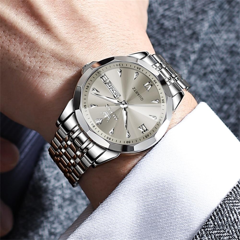 OLEVS Watch for Men Stainless Steel Chronograph Big Face Easy to Read Analog Quartz Watches Luxury Waterproof Date Diamond Roman Arabic Numerals Dial Dress Wrist Watches - Image 3