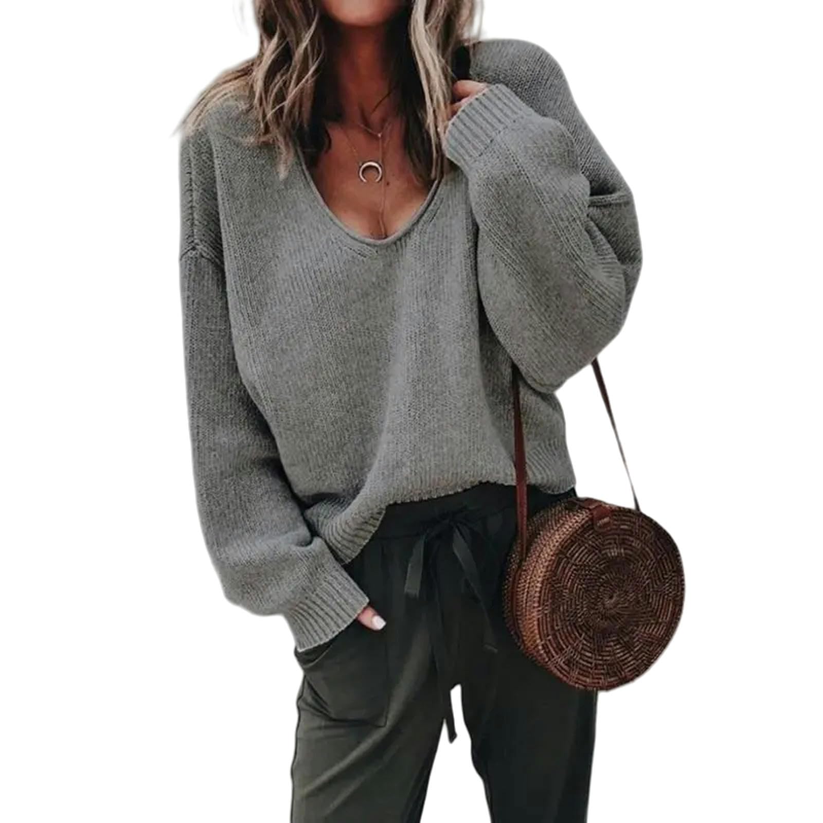 Ropa Mujer Mujeres Mangas Larga V Cuelloz De Punto Capasista Autumn Autumn Black Loose Empéchón Vintage Sweater Streetwear-Amarillo-XXL