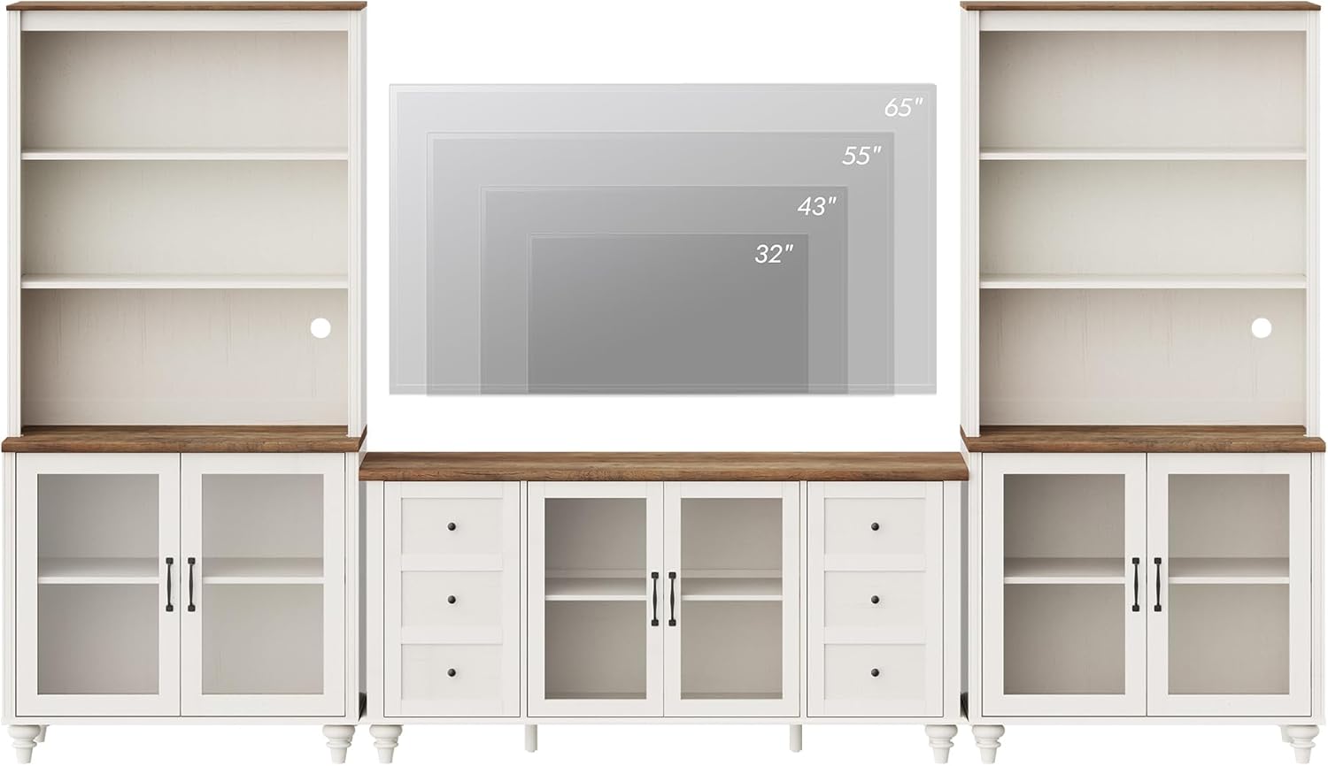 WAMPAT Entertainment Center with Bookshelves for TVs up to 65", Farmhouse Wall Unit TV Stand with Glass Doors, Media Console Table for Living Room, Bedroom & Home Theater, White