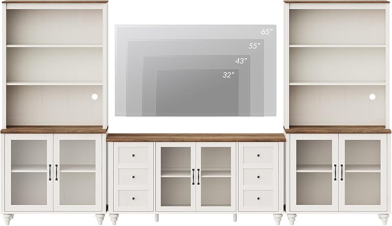 WAMPAT Entertainment Center with Bookshelves for TVs up to 65", Farmhouse Wall Unit TV Stand with Glass Doors, Media Console Table for Living Room, Bedroom & Home Theater, White image 3
