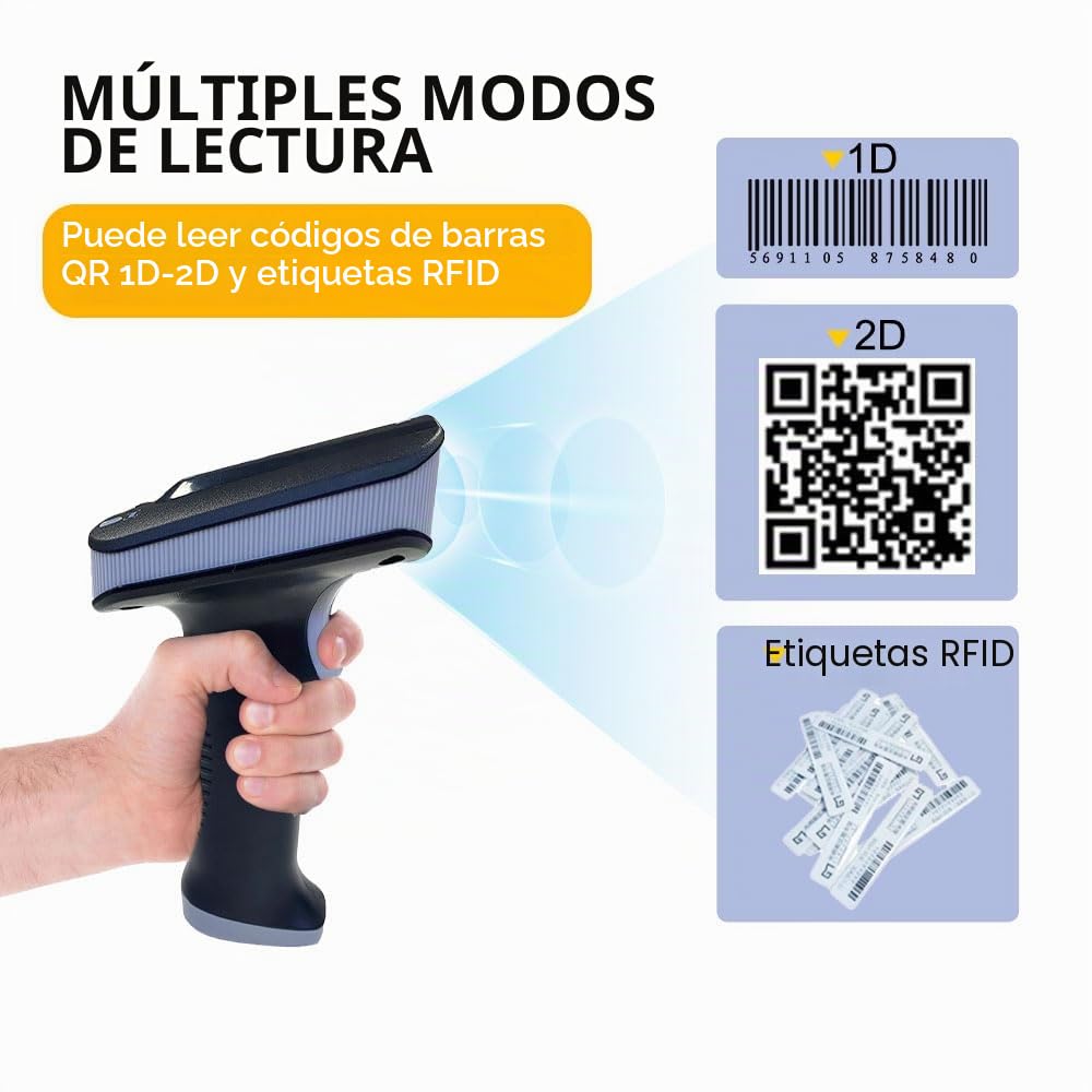 YANZEO SR290 UHF RFID Lector Terminal de Mano Lector de Códigos de Barras 1D/2D QR Scanner, Bluetooth 2.4 GHz+Cable USB Lector de Códigos de Barras para Joyería/Vestir/Calzado