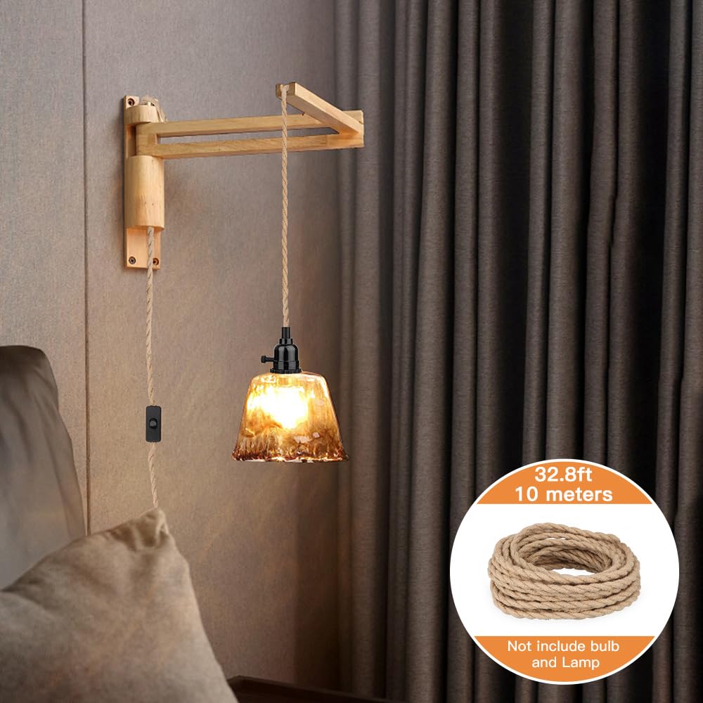 Helunsi 32.8ft Twisted Electric Rope Light, 18/2 Hemp Rope Covered Lamp Twisted Wire, 18-Gauge Vintage Light Pendant Cord, Antique Industrial Electrical Wire Rope