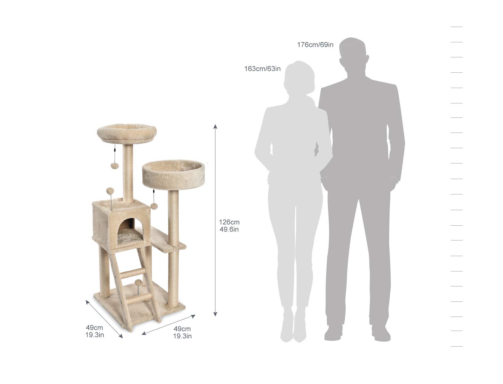 Amazon Basics, Tiragraffi per Gatti, Grande, con due Piattaforme e Casetta, Altezza 127 cm, a Più Livelli, Beige