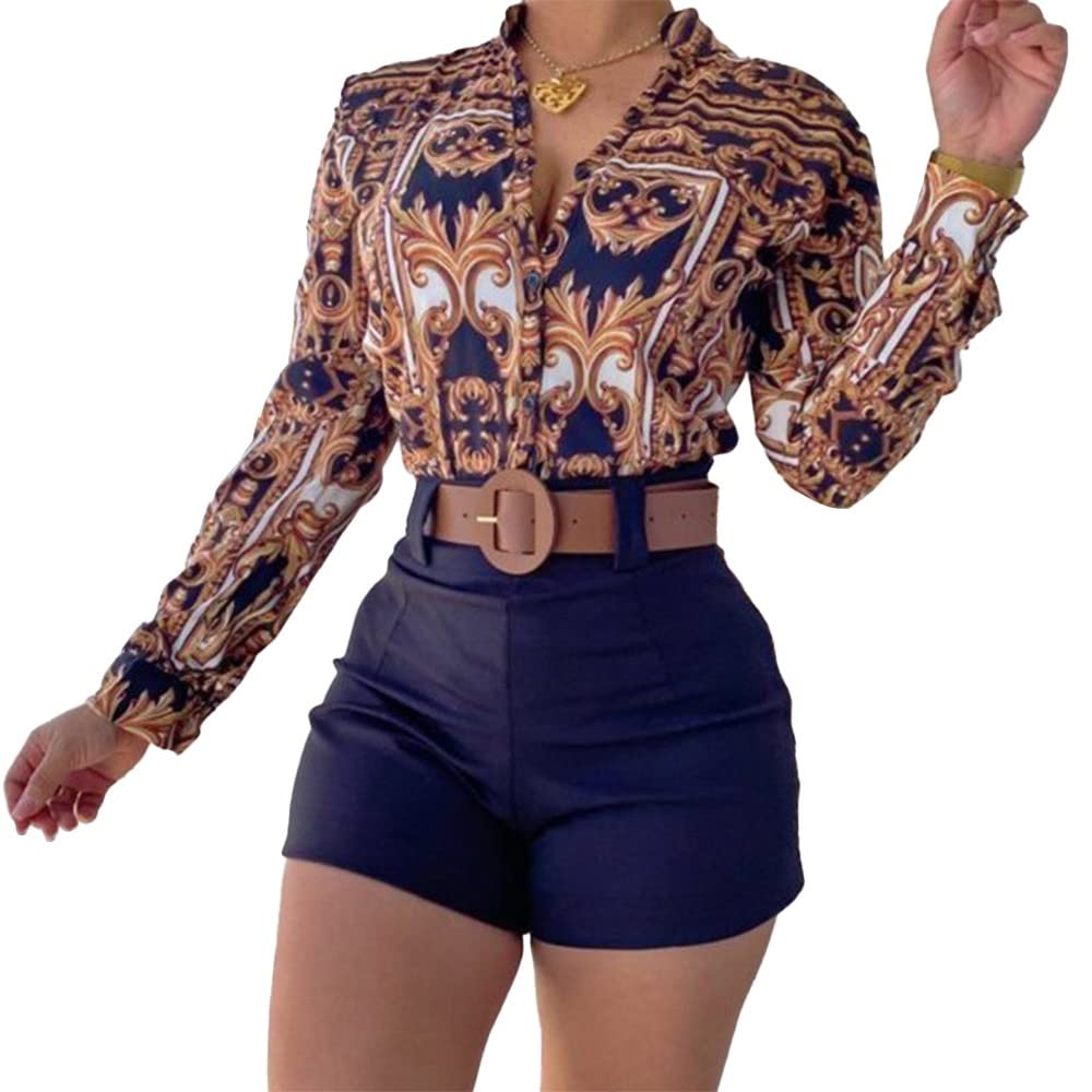 Photo 1 of Nhicdns Women's 2 Piece Outfits Floral Button Down Shirt Long Sleeve Blouse Top and Shorts Set Dark Brown XX-Large