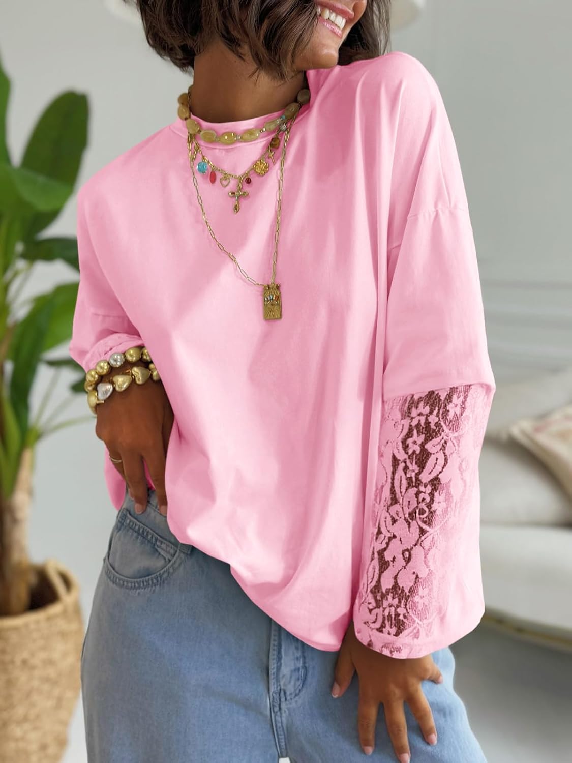 Tankaneo Womens Lace Long Sleeve T Shirts Top Fall 2025 Casual Tops Crewneck Basic Tees Fall Clothes 2025 - Image 4