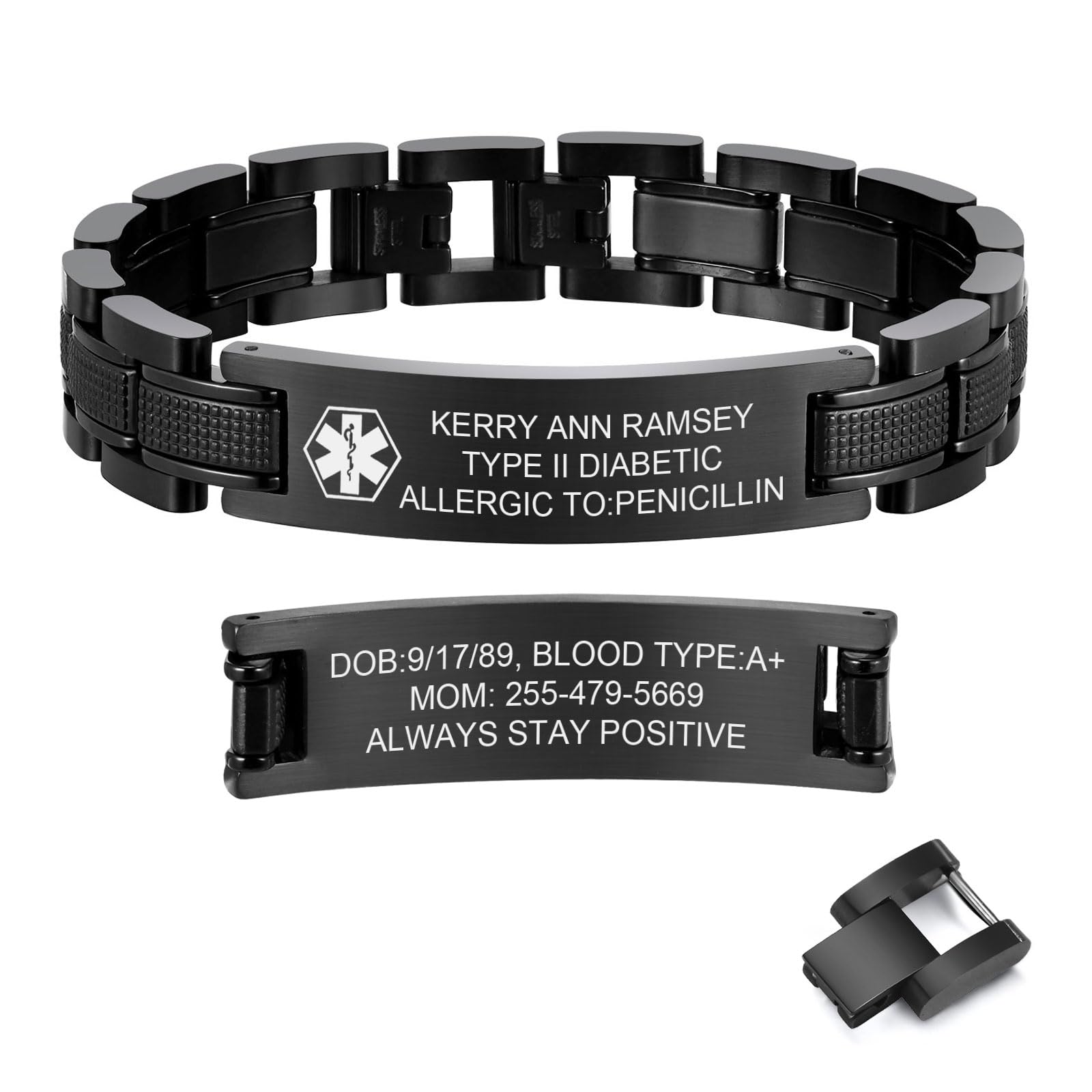 Free Custom Engraving Medical ID Bracelet 2-tone Blue Black Titanium Steel Heavy Masculine Elaborate Men's Medical Alert Bracelet Wristband Jewelry