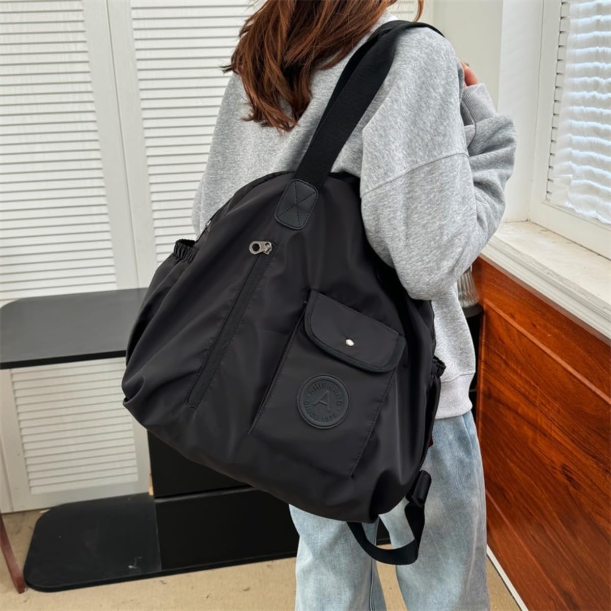 Travel Backpack for Women Lightweight Waterproof, Ladies Casual Large Nylon Handbag Shoulder Bag for School Work (Black)