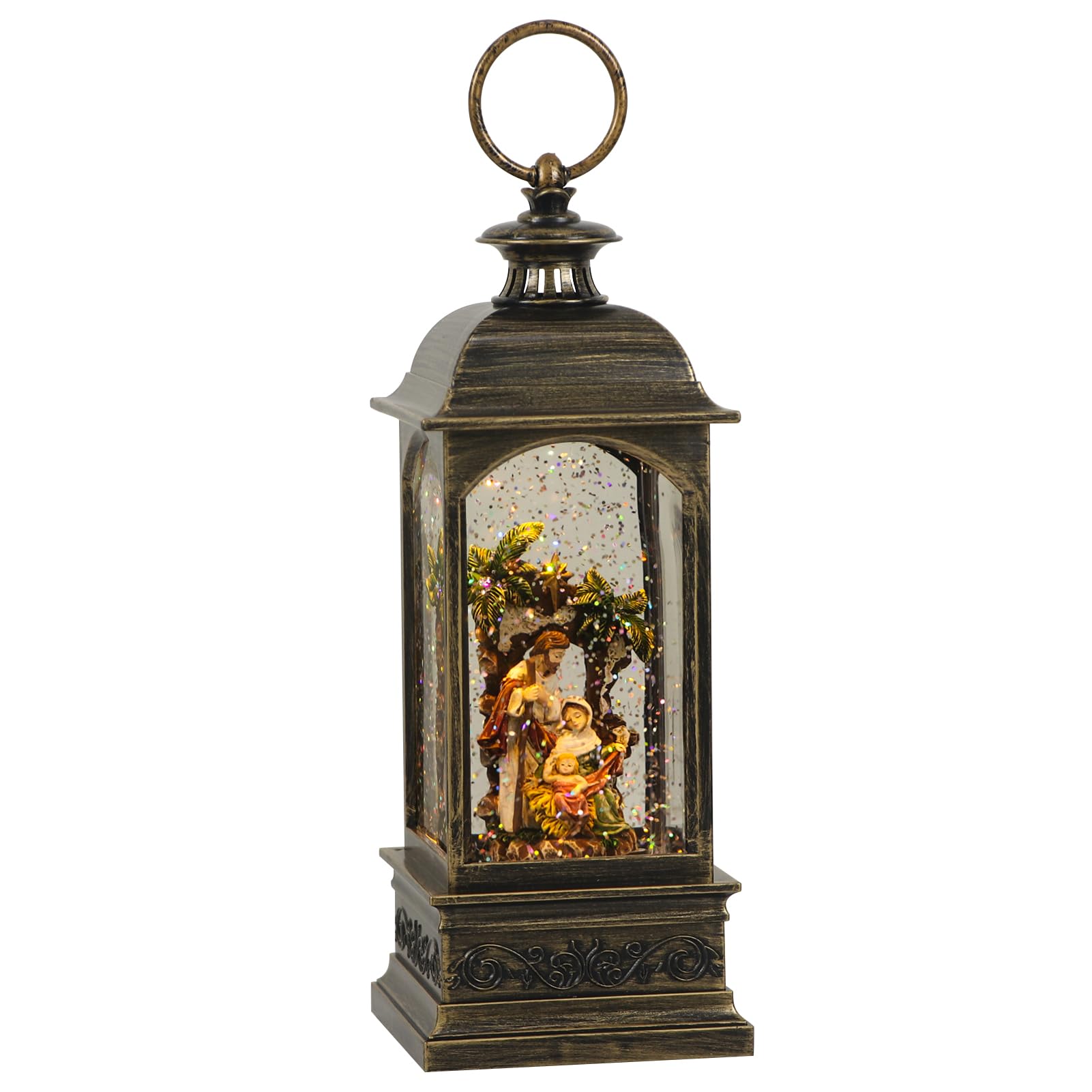 DRomanceNativity Music Snow Globe Lantern with Timer Battery Operated & USB Powered Lighted Singing Snow Globe Lamp Spinning Water Swirling Glitters Christmas Holiday Decor 3.7 x 3.7 x 11.4 Inches