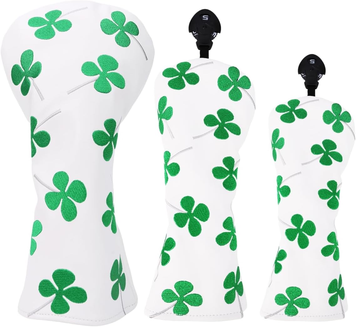 Golf Club Head Covers, 1pc Driver Headcover Fairway Wood Head Cover Hybrid Headcover or 3pcs Golf Headcovers Set 1 F H, Lucky Clover Golf Club Covers for 3 Wood, Drivers, Hybrids