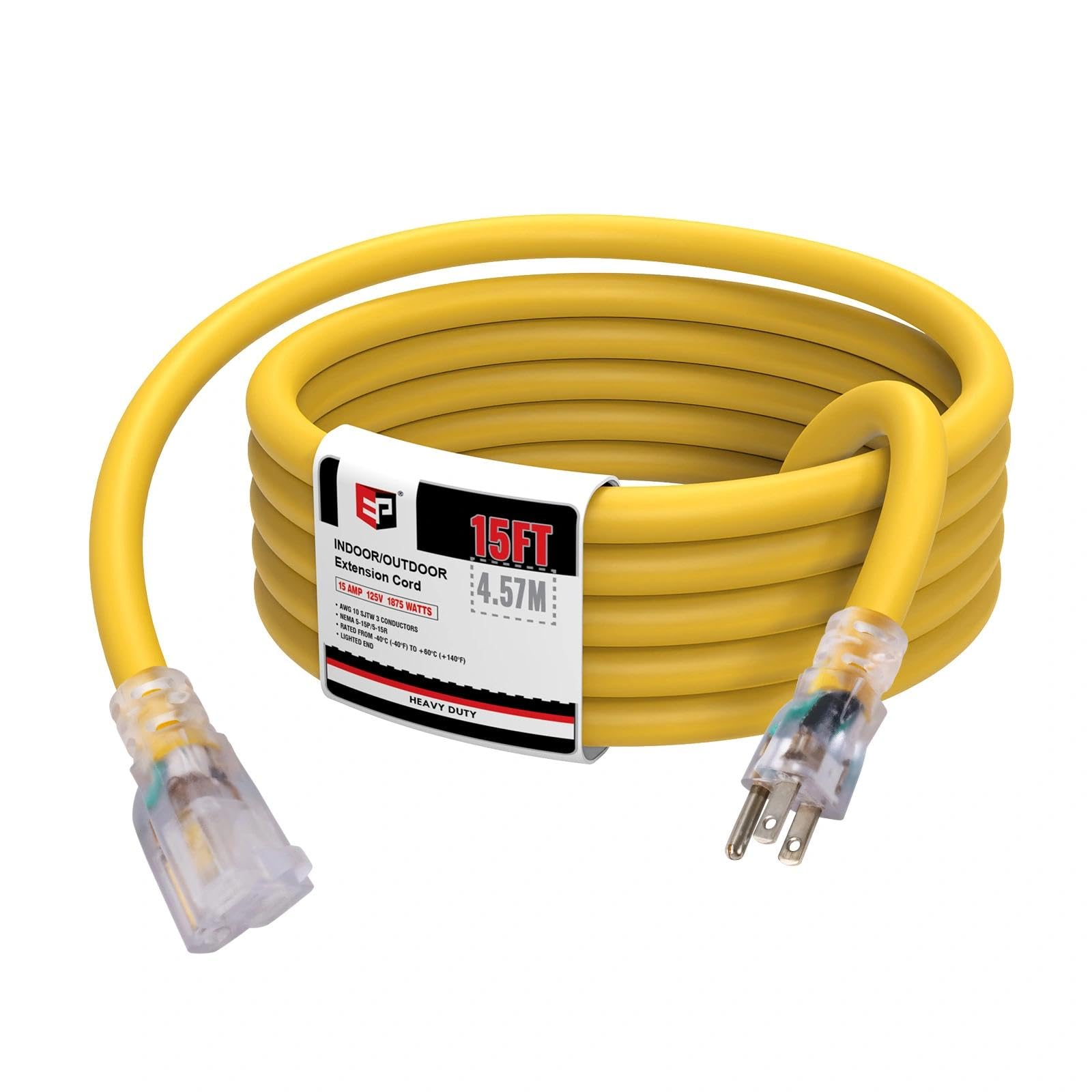 EP - Cable de Alimentacion y Extensión para Exteriores Iluminado de 15 pies, 10/3 SJTW, Cable de Extensión Amarillo Resistente con Enchufe de Tierra de 3 Puntas para Mayor Seguridad, Listado UL