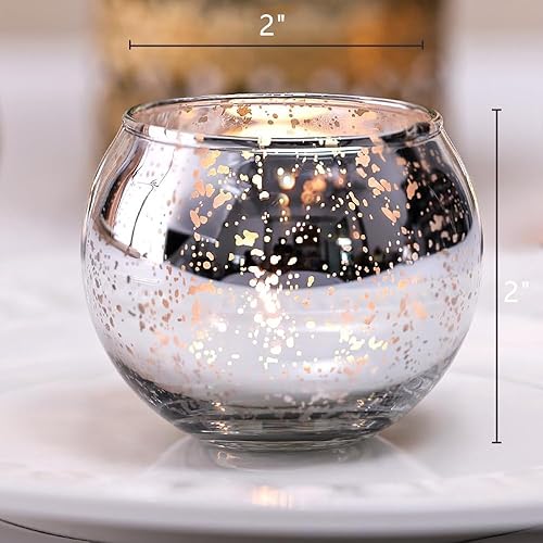 Vista 2 de Tebery Paquete de 12 portavelas votivas redondas plateadas, portavelas de cristal de 2 pulgadas para centro de mesa, decoración de boda, fiesta