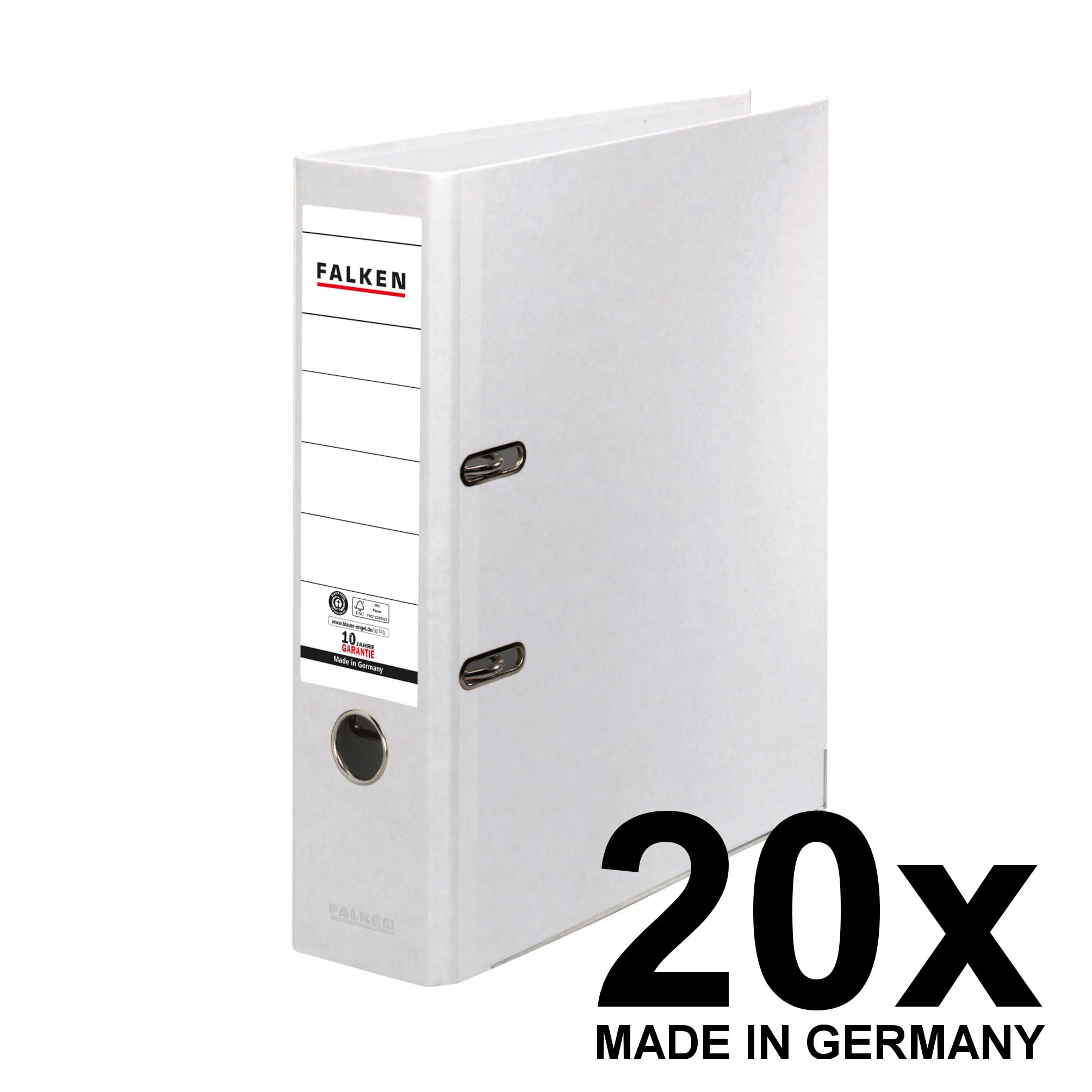 FALKEN 20x Recycolor Umwelt-Ordner Öko 8 cm breit DIN A4 weiß | Made in Germany Farbiger Papierbezug außen Blauer Engel