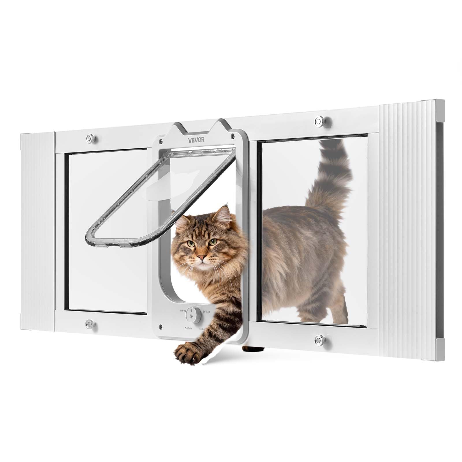 VEVOR Chatière pour Chat Convient aux Fenêtres de 889 à 1016 mm, Porte de Fenêtre pour Animal Domestique, 4 Modes de Verrouillage, Fermeture Magnétique, Aluminium Verre Haute Transparence, Blanche