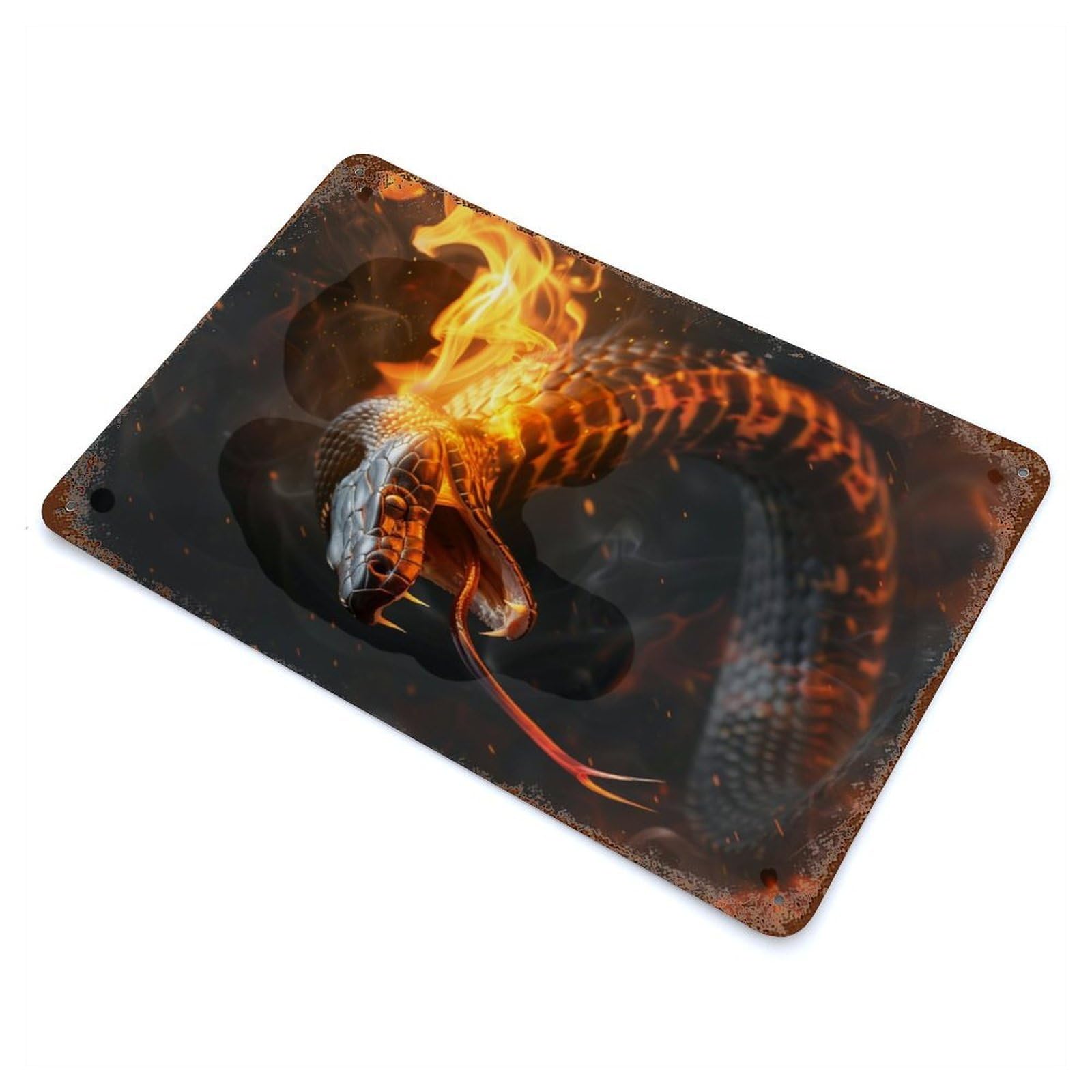 Cobra Snake Fire Flames 11.8"x7.9" Rustic Tin Plaque, Industrial Home Decor for Farmhouse, Kitchen And Entryway Decor
