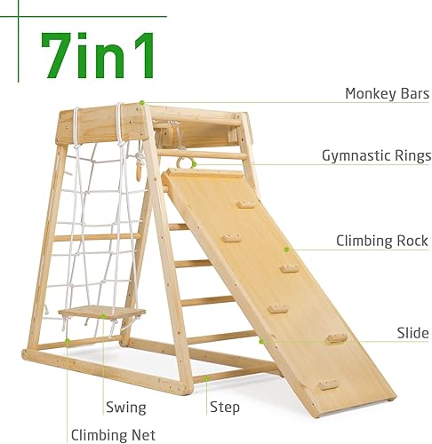 Miniatura 3 de Ogelo Escalador, parque infantil de madera 7 en 1 con gimnasio de la selva, rampa, tobogán, columpio, escalera sueca, barras de mono, escalera de