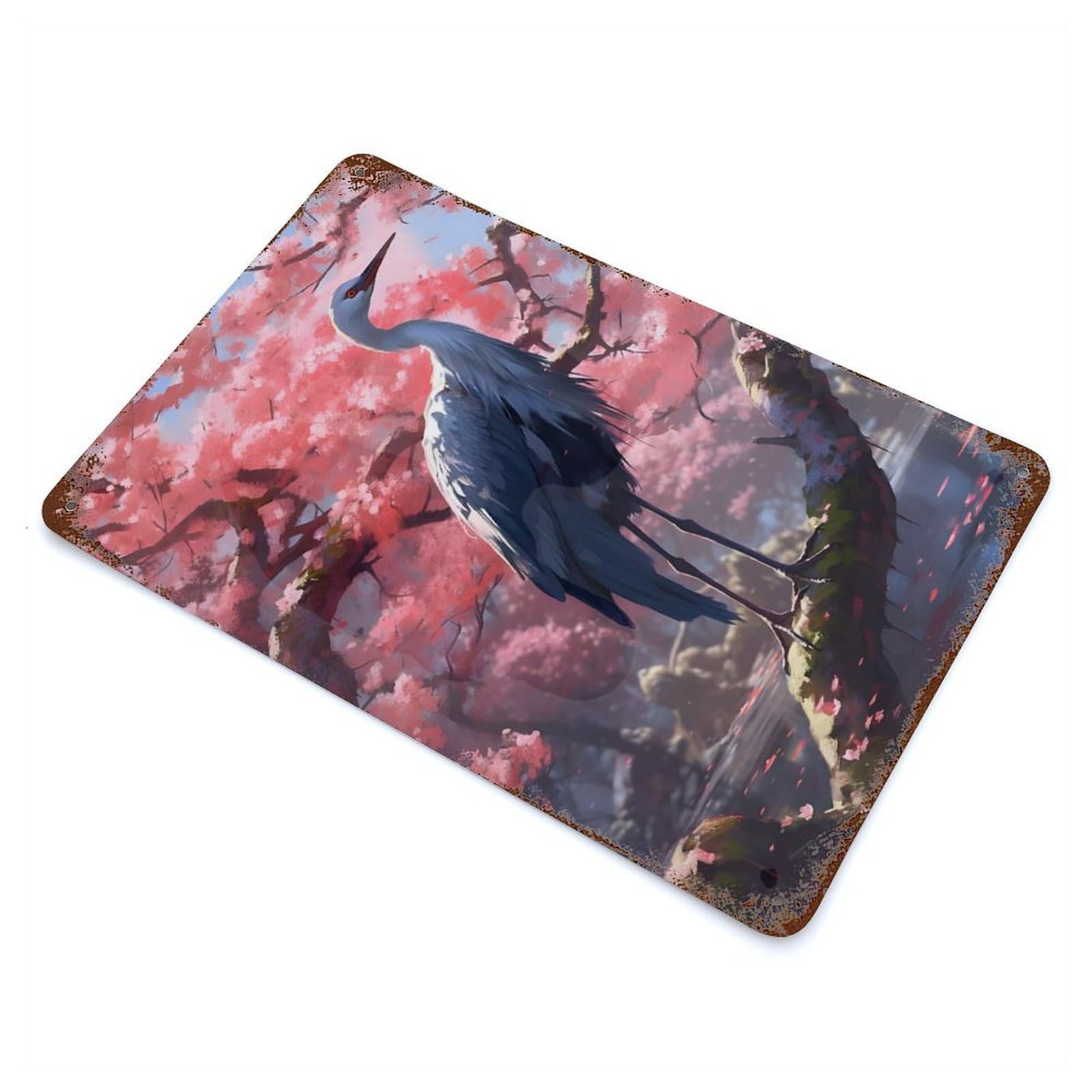 Serene Sakura Crane Weathered Tin Sign 11.8"x7.9", Classic Wall Plaque for Patio, Garden Room And Bar Decor